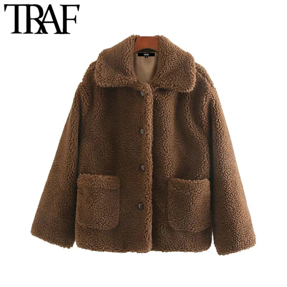 TRAF, Женская винтажная стильная Толстая теплая зимняя флисовая куртка из искусственного меха, модное пальто с длинным рукавом и карманами, женская верхняя одежда, шикарные топы