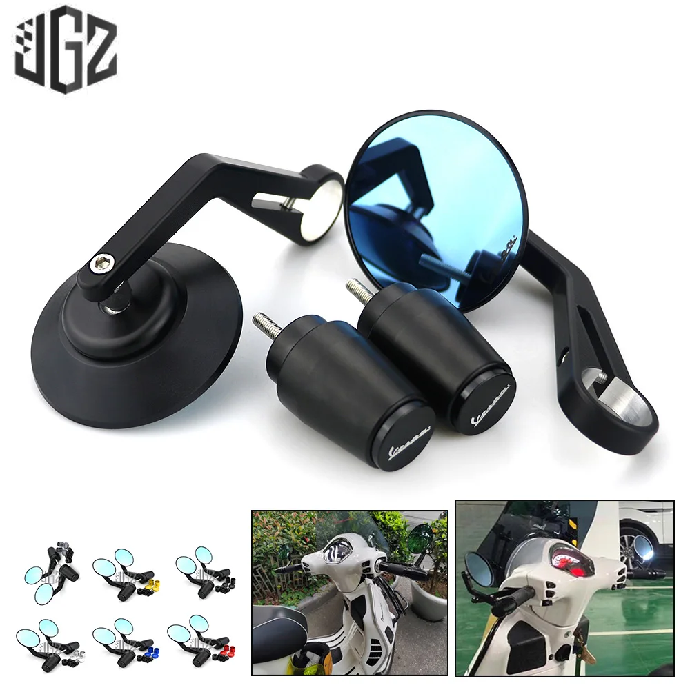 Motorcycle CNC Round Handlebar Bar End Rear View Mirrors Balance Slider Grip Plug For Vespa GTS Sprint Primavera 150 300 125 250