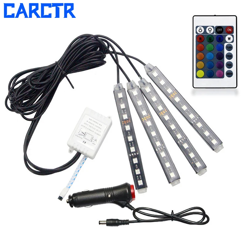 CARCTR 4 шт. RGB красочный светодиодный светильник для салона автомобиля светильник светодиодный светильник s полосы автомобиля декоративные атмосферные лампы дистанционного управления 12 в 7 цветов
