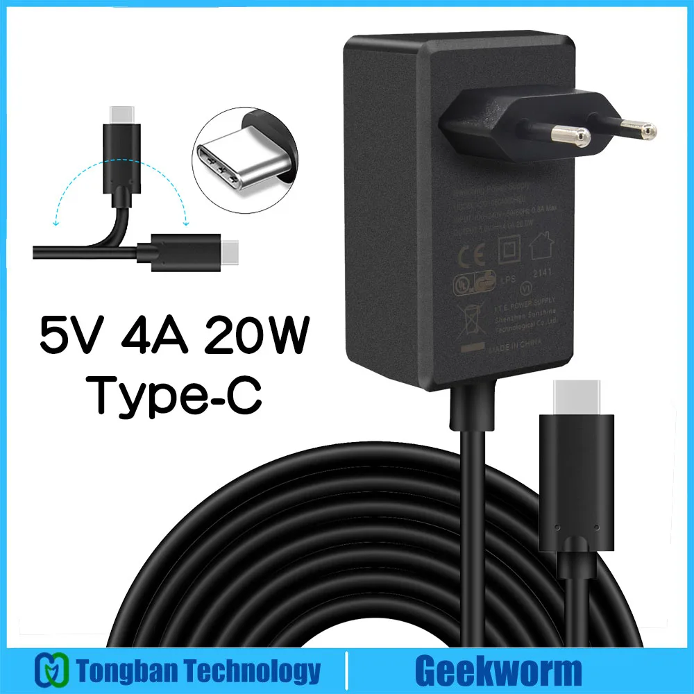 Geekworm raspberry pi 4 power adapter power supply 5v 4a 20w type c for