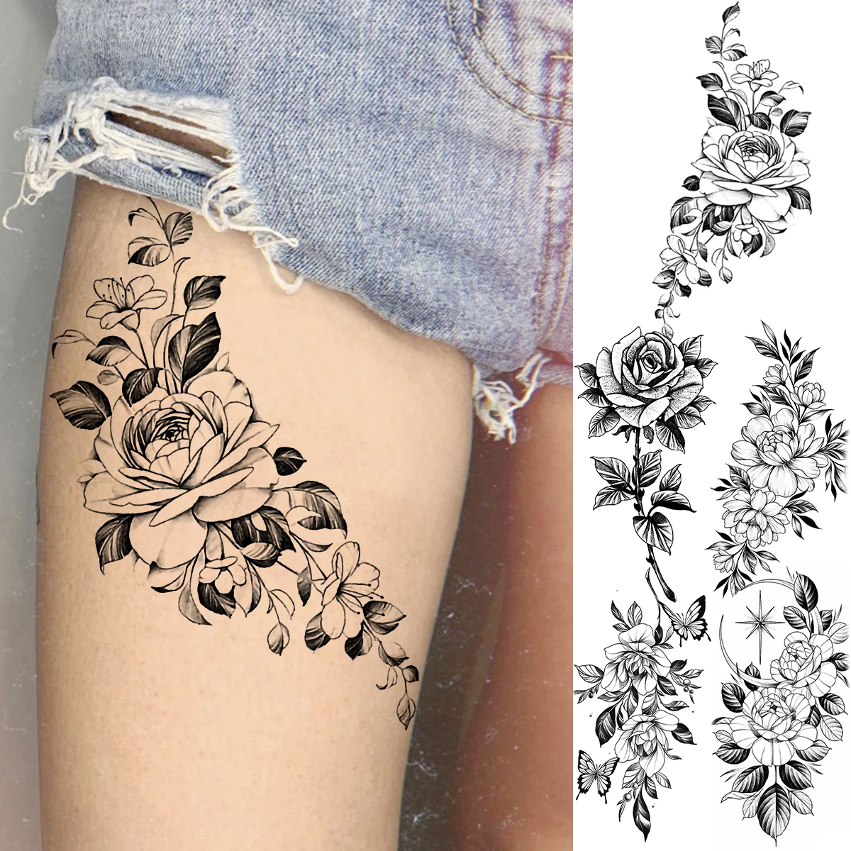 

3D Black Rose Flower Sexy Thigh Temporary Tattoos For Women Adult Peony Moon Butterfly Fake Tattoo Fashion Water Transfer Tatoo