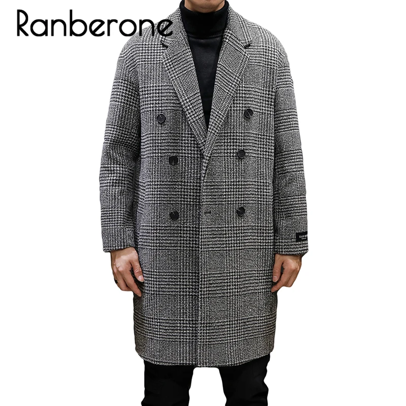 Mens Wool Coats and Jackets Casual Double Breasted Winter Houndstooth Jacket Men Turn-down Collar Long Woollen Wind Coat