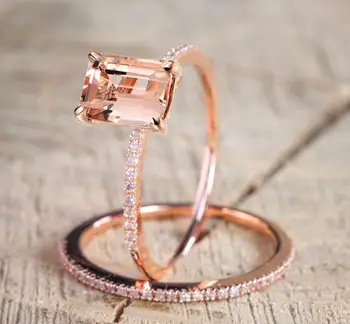 

CHAMSS Rose Gold Rectangular Zircon Two-piece Ring Delicate Simple Female Romantic Gift