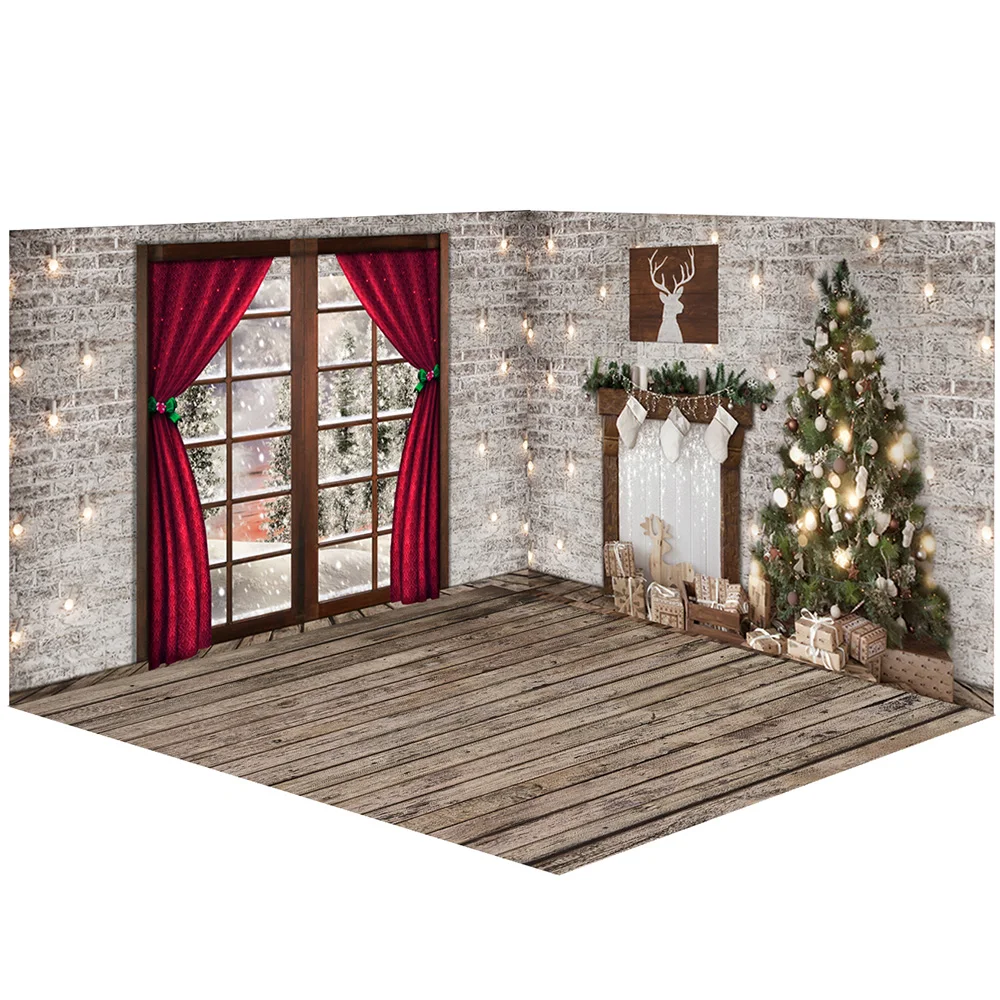 

Christmas Backdrops for Photography Xmas Winter Family Party Banner Decor Background Warm Light Brick Wall Wood Floor Snowflake