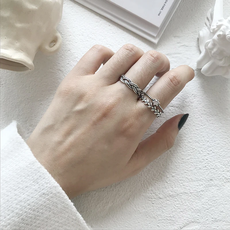 Anillos coreanos de Plata de Ley 925 para mujer, anillo hoja de apertura salvaje con personalidad simple retro a la moda, joyería coreana|Anillos| - AliExpress