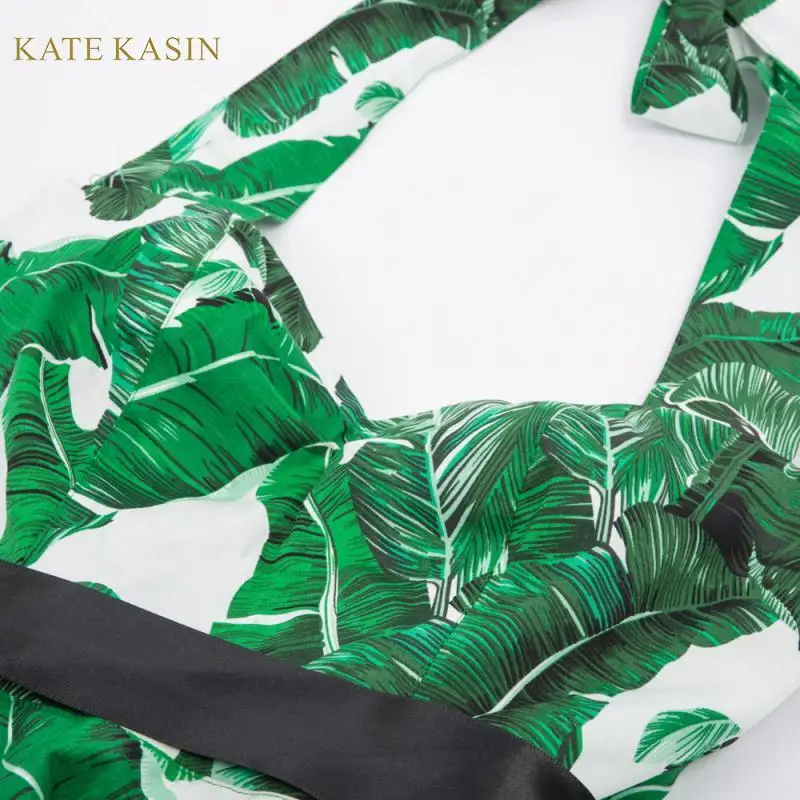 Kate Kasin Для женщин Винтаж 1950s с лямкой на шее Коктейльные Вечерние свободное платье с поясом Плиссированное расклешенное платье трапециевидной формы платье Летнее принтованное платье миди платья
