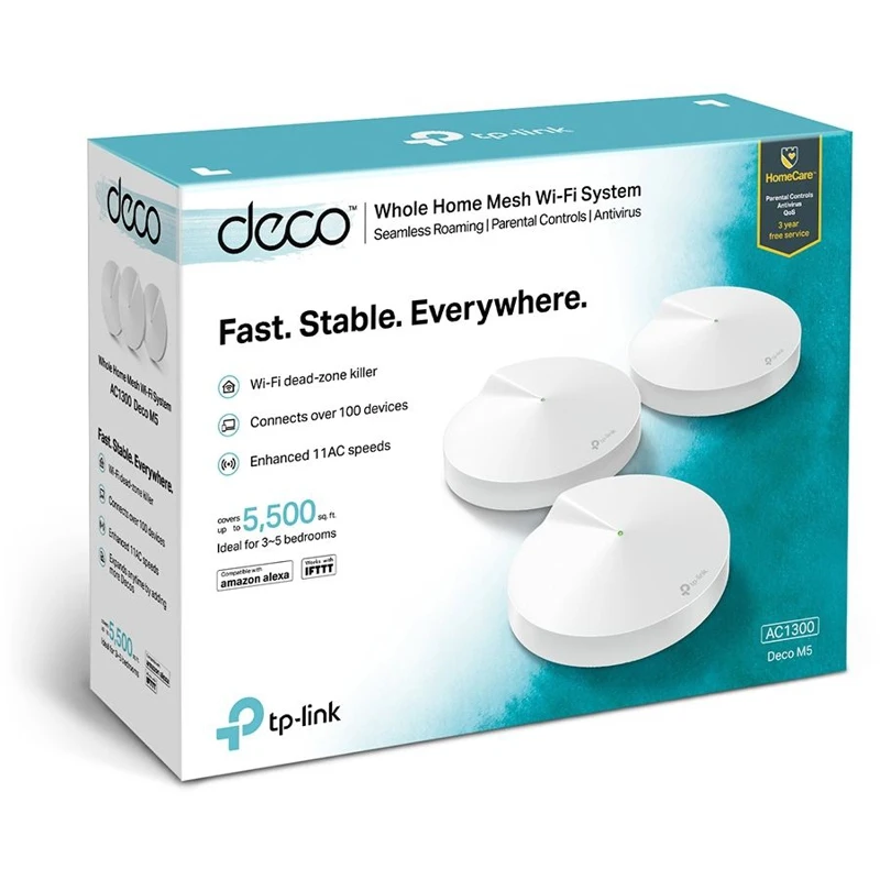 Бесшовный Mesh роутер TP-Link Deco M5(DECO M5(3-PACK) AC1300 10/100/1000BASE-TX белый(упак.:3шт