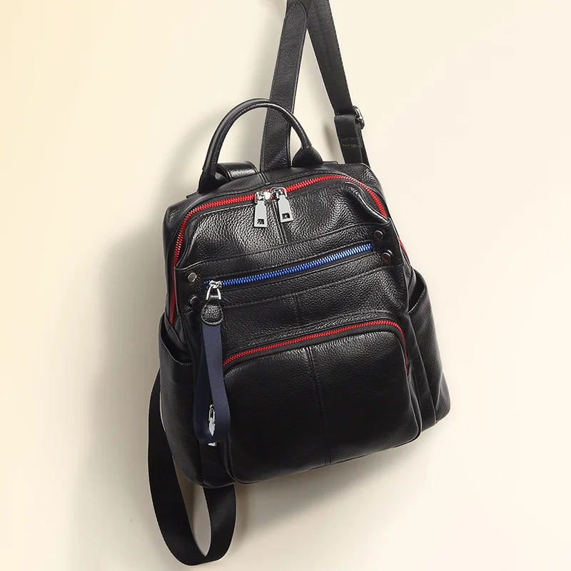 

Leather Backpack Women's 2019 New Style WOMEN'S Leather Bags Europe And America Color Zipper Full-grain Leather Large Capacity B