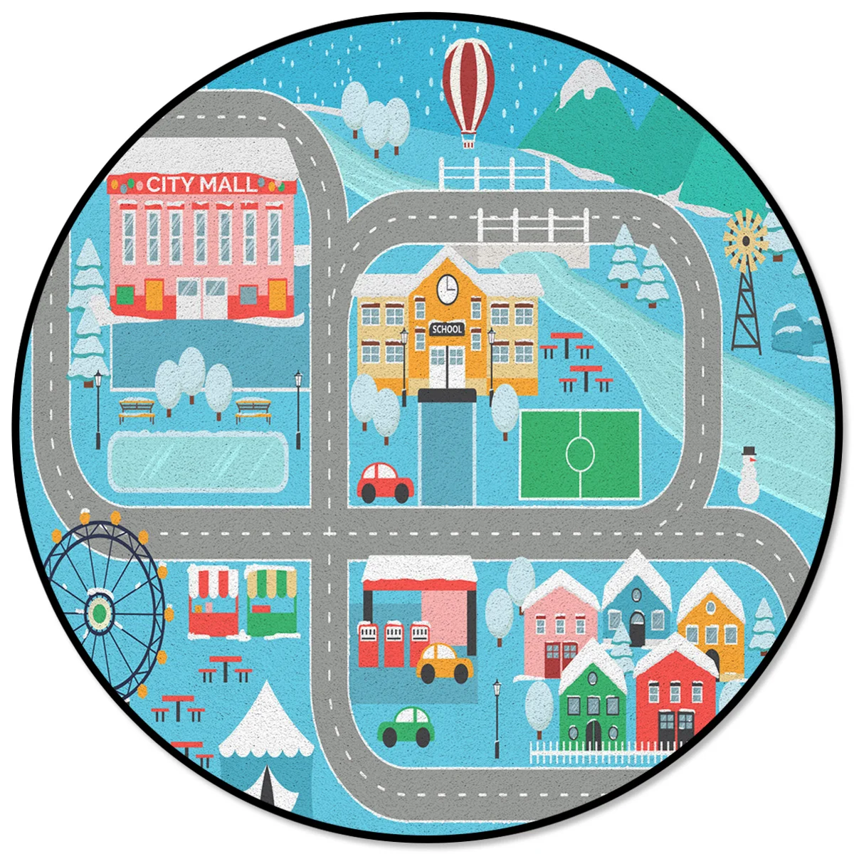 Road Building House Fence Ferris Wheel Car Pattern Rugs and Carpets for Home Living Room Round Rug Children Rooms Non-slip | Дом и сад