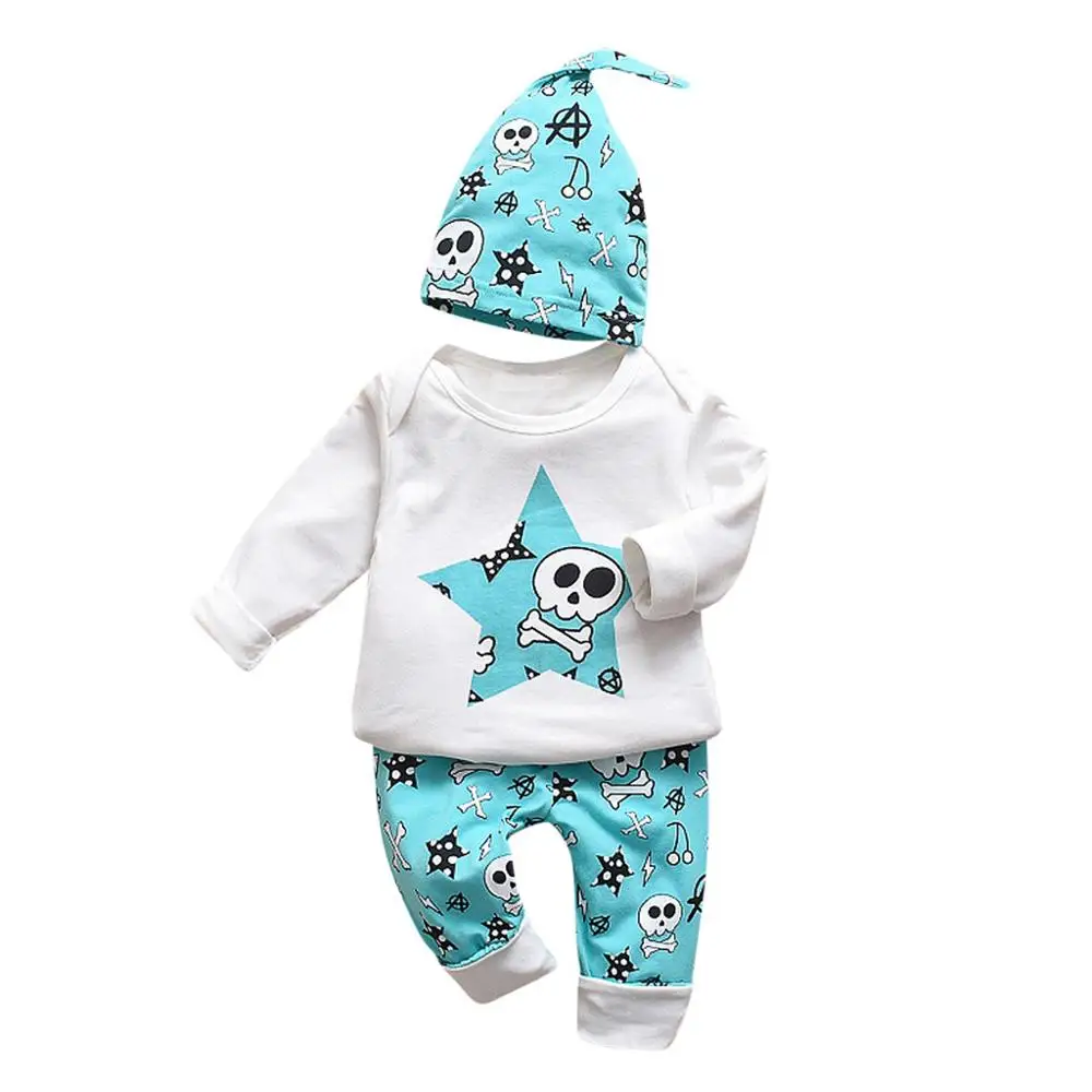 Комплекты одежды на Хэллоуин для маленьких мальчиков и девочек, осенне-зимний хлопковый комплект одежды для новорожденных, топы с рисунком костей+ штаны+ шапочка, новинка года - Цвет: Синий