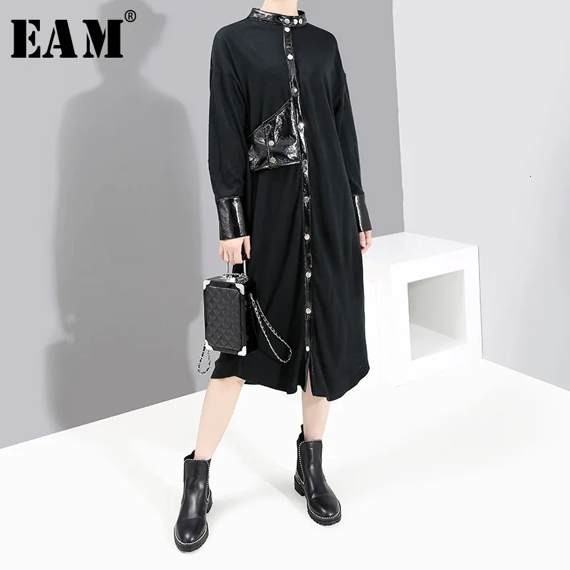 [EAM] женское черное платье-рубашка из искусственной кожи с разрезом, новинка, воротник-стойка, длинный рукав, свободный крой, модный стиль, весна-осень, 1K475