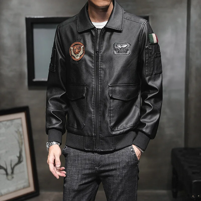 

Men Thin Section Tooling More Pocket Leather Jacket Lapel United States Air Force Flying Clothing Pu Leather Coat Male