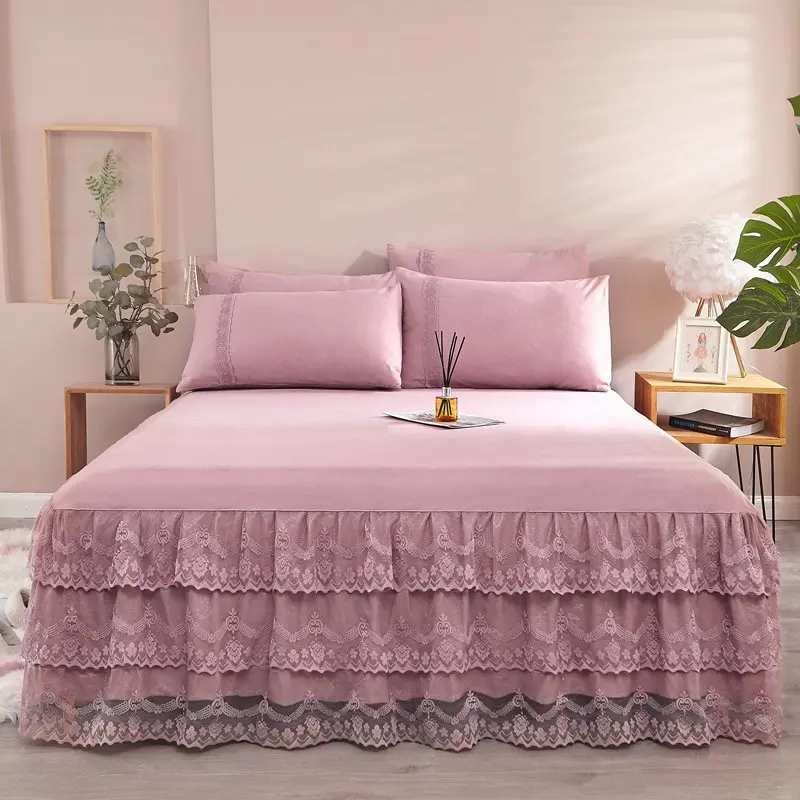 3pcs Set Solid Color Romantic Lace Bedspread Soft Fabric King Queen Size Bed Skirt with 2pcs
