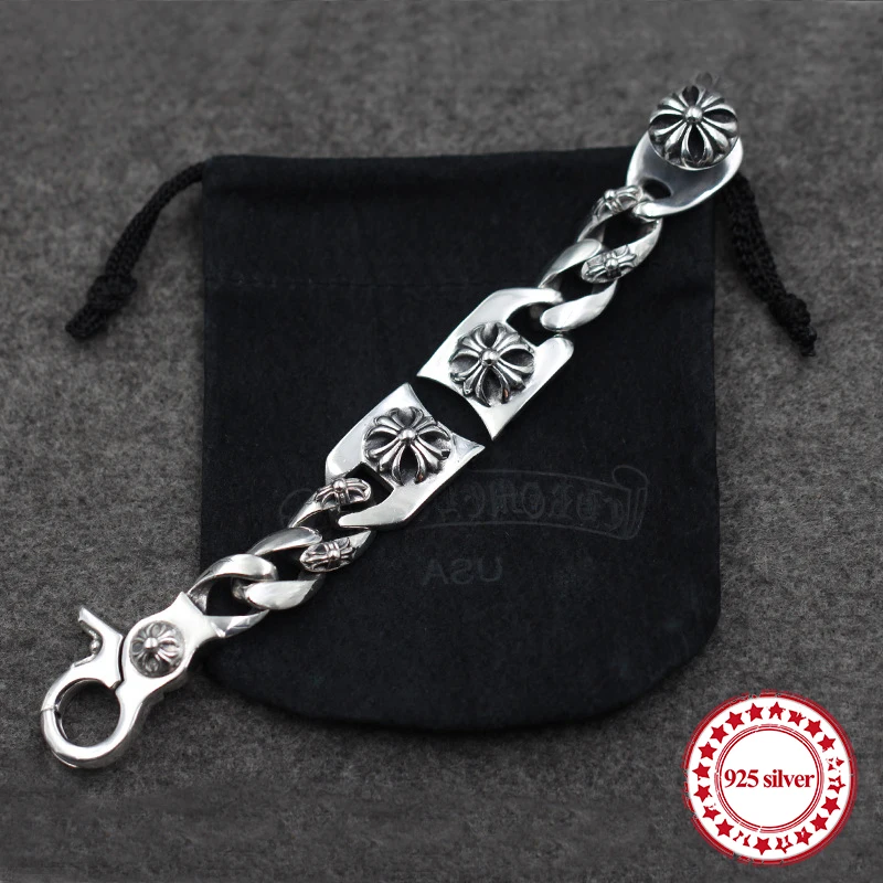 

S925 sterling silver men's wristwatch chain classic classic hip hop punk style crosses army flower shape bracelet lover's gift