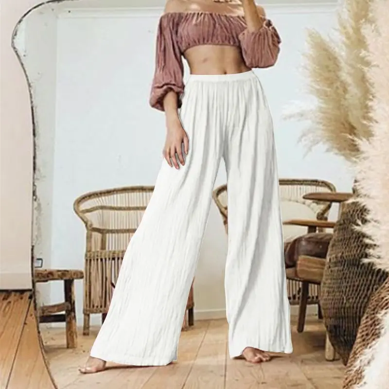 Летние женские брюки с высокой талией, широкие брюки, 2019, Женские Элегантные повседневные брюки-палаццо, плиссированные однотонные брюки
