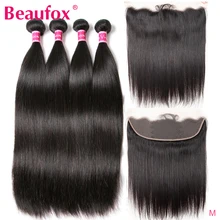 Beauté fox pacotes de cabelos lisos com cabelo frontal brasileiro, 4 pacotes com fechamento frontal de renda remy com fecho