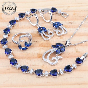 

925 Sterling Silver Bridal Jewelry Sets For Women Ladies Costume Jewellery Wedding Blue Zircon Earrings Necklace Set Gift Box