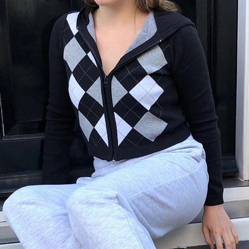 

Vintage 90s Argyle Plaid Knitted Long Sleeve Zipper Hooded Cardigan Sweaters Women 2020 Autumn Streetwear Y2K Crop Knitwear Tops