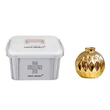 

Box First Aid Kit Plastic Multi-Layer Medicine Box Gray+White L & Ceramic Small Vase Fish Lip Pattern(Gold)