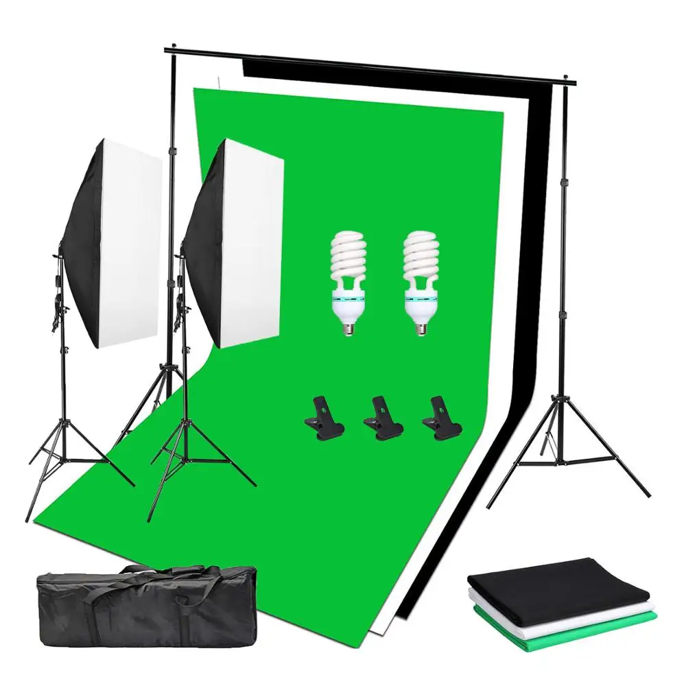 

ZUOCHEN 2*135W Photo Studio Softbox Continuou Lighting Kit Background Support Backdrop Set 3 Backdrops Black Green Black