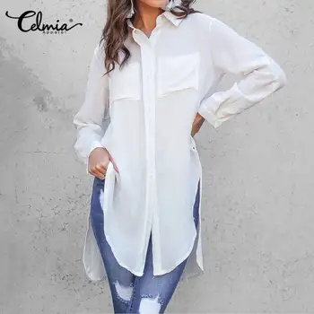 

Celmia Women Long Shirts 2020 Fashion Lapel Neck Blouses Summer Asymmetrical Split Tunic Tops Elegant Office Blusas Plus Size