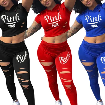 

Women Pink Letter Print Sexy Tracksuit Plus Size Casual 2 Piece Set S-XXXL Summer Tops+Skinny Hollow Out Pants Two Piece Outfit