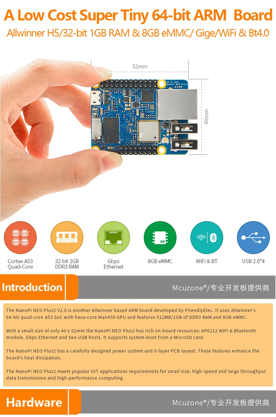 FriendlyELEC NanoPi-NEO Plus2 V2.0 1 ГБ DDR3 Оперативная память 8 Гб памяти на носителе eMMC Allwinner H5 64-разрядным четырёхъядерным высокопроизводительный Cortex A53