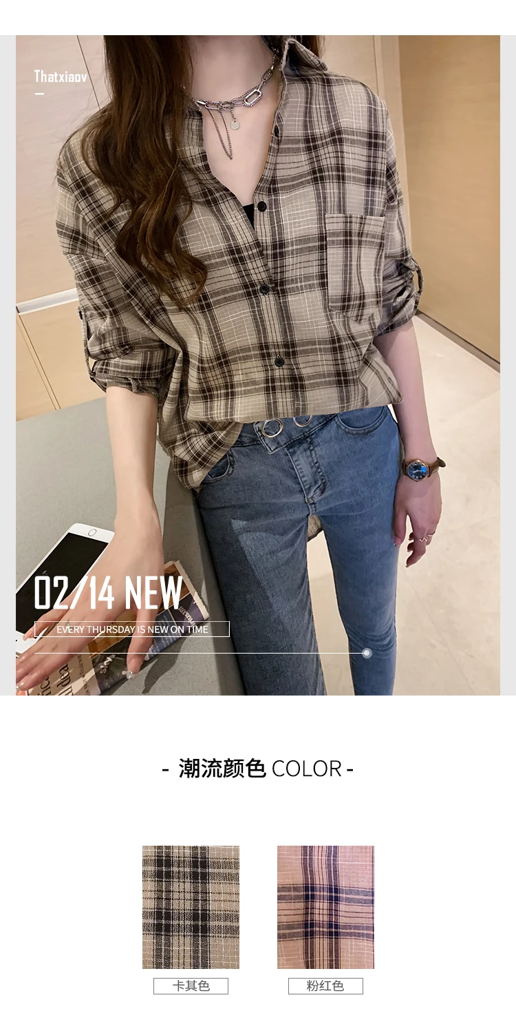 Повседневные женские рубашки, корейская модная одежда, blusas mujer de moda, свободные женские топы, офисные женские рубашки в клетку, женские 6858 50