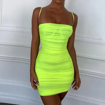 

2020 Summer Sexy Women Pleated Mesh Gauze Party Nightclub Bodycon Mini Strappy Dress