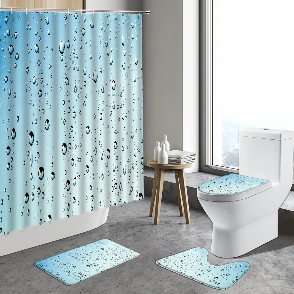 

Creative Raindrop Shower Curtain Set Bath Mat Water Drop Blue Background Modern Home Deco Bathroom Non-Slip Rug Toilet Lid Cover