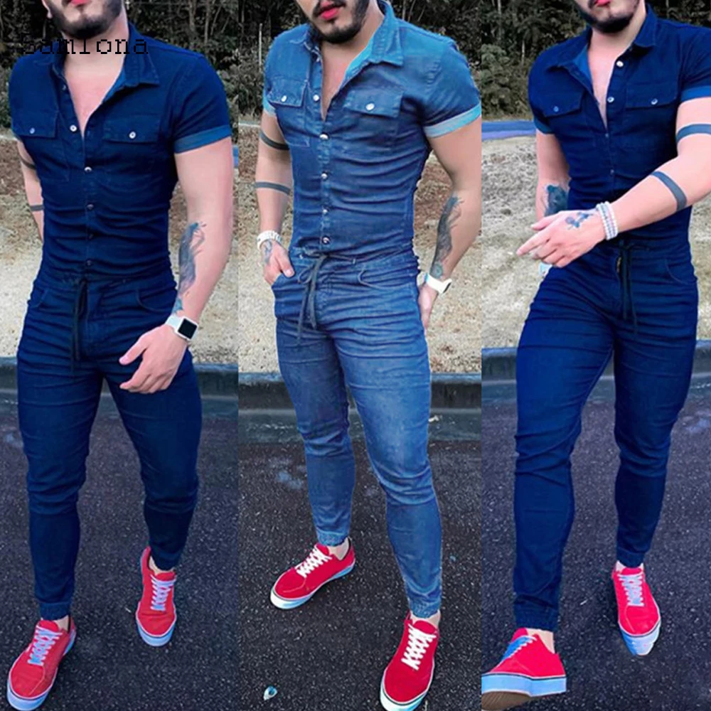 New Denim Pant Jumpsuit Mens Overalls Casual Notched Short Sleeve Romper Solid Color Overall Single Breasted Pocket Romper Jeans New Denim Pant Jumpsuit Mens Overalls Casual Notched Short Sleeve Romper Solid Color Overall Single Breasted Pocket Romper Jeans