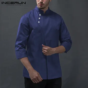 

Fashion Men Pure Color Long Sleeve Stand Collar Chef Jackets Bakery Kitchen Workwear Clothing Catering Working Uniforms INCERUN