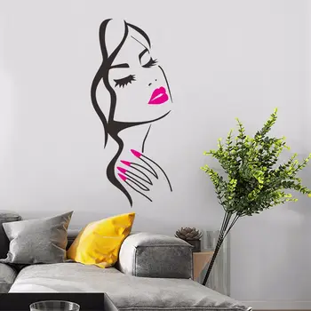 Billig Schönheit Salon Frisur Room Decor Hand Mädchen Gesicht Wand Aufkleber Nagel Shop Dekoration Design Kunst Poster Mode Wandbild Decals