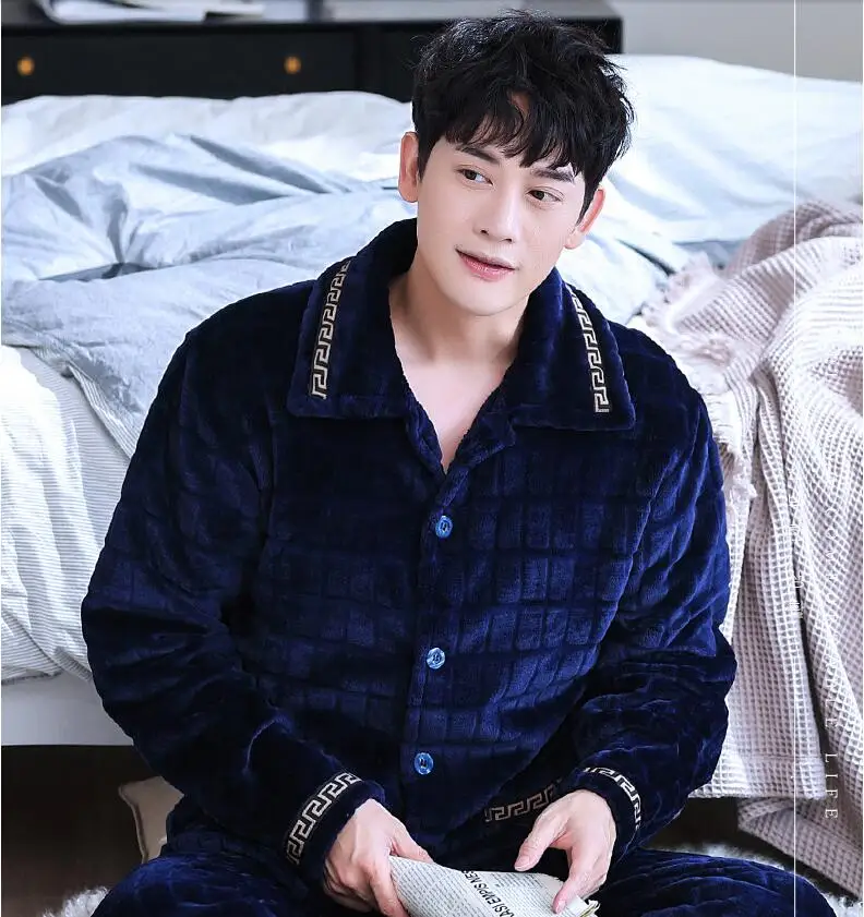 H5913 Молодежный пижамный комплект для мужчин, утолщенная фланелевая теплая одежда для сна, осенне-зимняя мужская одежда с длинными рукавами