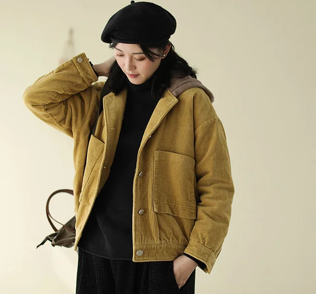 Winter jackets Women Retro Loose Thicker Corduroy Warm Coat New Hooded Button pocket Casual All-match jackets