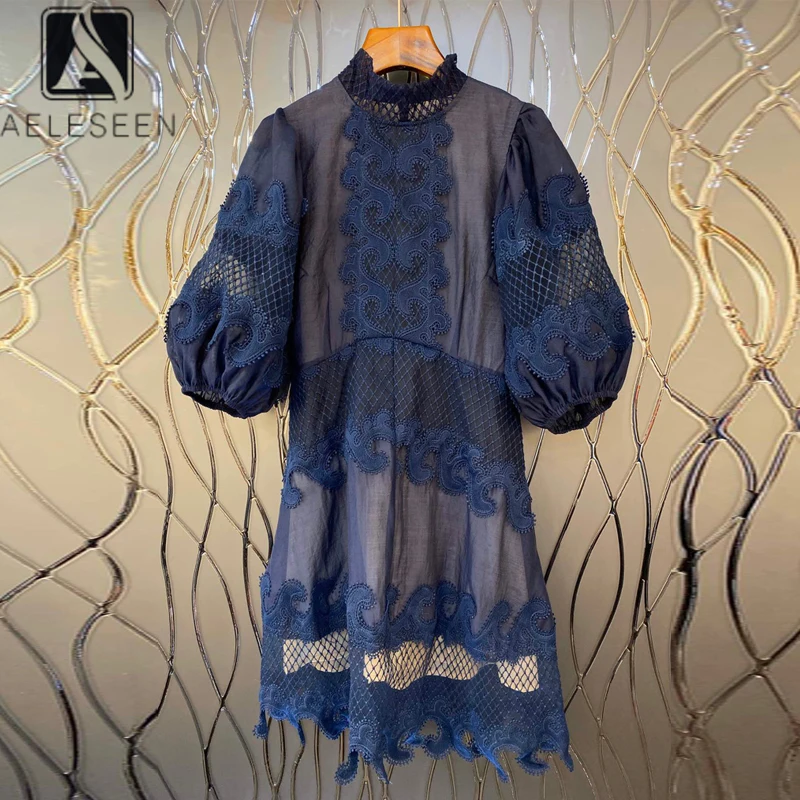 

AELESEEN Runway Fashion Dress 2020 Spring Summer Women Dress Half Lantern Sleeve Flower Embroidery White Blue Mini Elegant Dress
