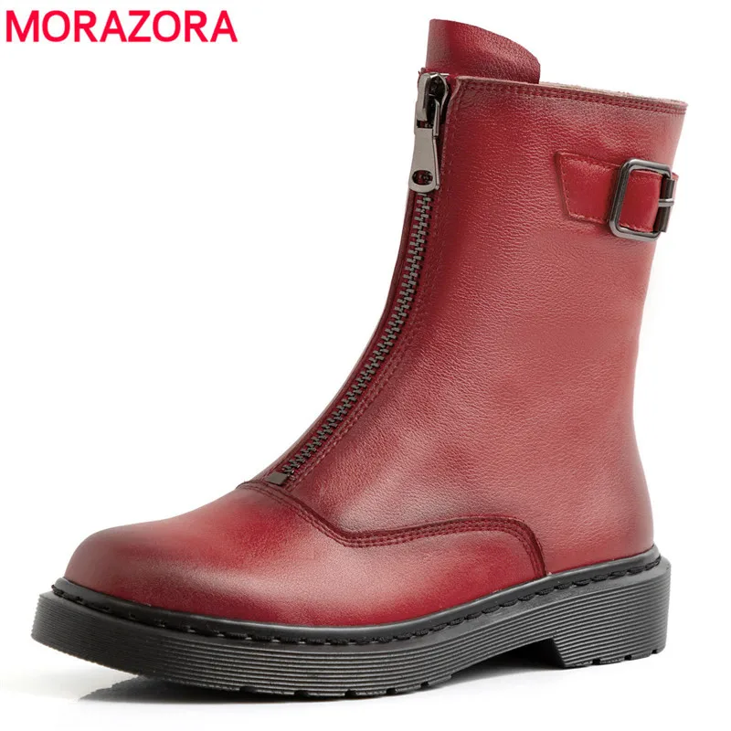 

MORAZORA 2020 autumn winter fashion comfortable ankle boots low heel round toe genuine leather black red women boots