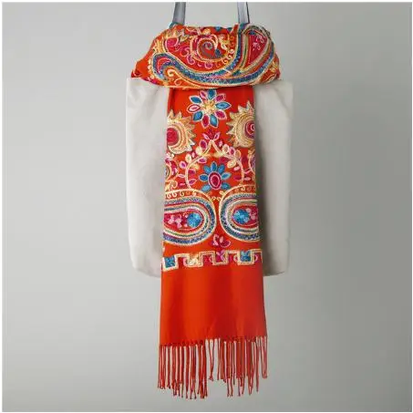 Фирменная новинка, Женский кашемировый шарф Пашмина с вышитыми цветами, зимний теплый шарф 200*70 см, шарф с кистями, шаль большого размера, модные шали, шарфы - Цвет: orange red