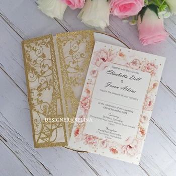 

Gold Glitter Tower Flower Printing Laser Cut Quinceanera Invitation 20+color Customized Hollow Wedding Party Invitations