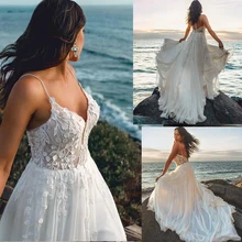 

Romantic Beach Wedding Dress A-Line Spaghetti Straps Chiffon Lace Appliques Backless Sweep Train Bride Gown Vestidos De Noiva