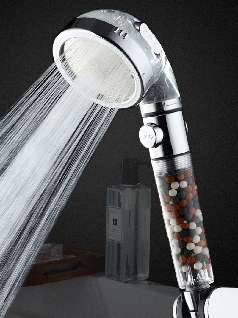 

Shower Hand Shower Replacement Filter Balls SPA Shower Head With Stop Button 3 Modes Adjustable Shower Head One Button To Stop
