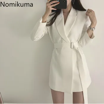 

Nomikuma 2020 Spring Notched Neck Korean Style Blazer Elegant Sash Belt Women Blazers Medium-Long Jackets Female Suit 6A028