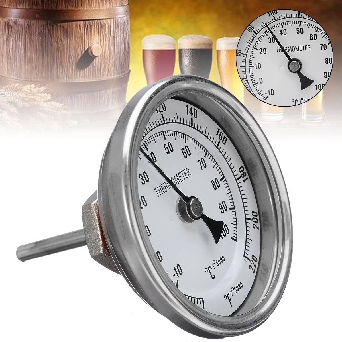 

Homebrew Beer Weldless Bi-metal Thermometer Kit Brewing Thermometer 3"Face & 2"Probe 1/2"MNPT 0~220F Degree