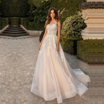 

2021 New Sheer Tulle Lace Appliques Wedding Dress Ladies Lace Up Back A Line Bridal Gowns Spring Robe De Mariage Robe De Mariee