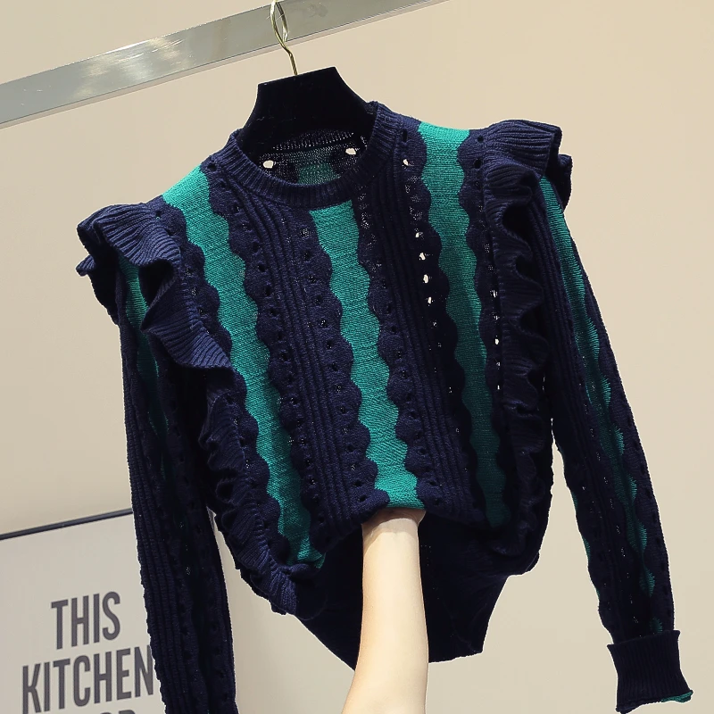 

Striped patchwork Ruffles Sweater women Korean Modis long Sleeve Pullover Knitted sweaters 2019 autumn and winter new arrival