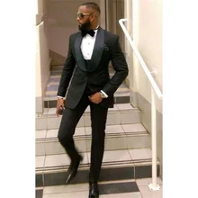2022 New High Quality Custom Black Men's Suit Shawl Lapel Slim Groom Wedding Fashion 3-Piece Set (Coat + Pants + Vest + Bow Tie)