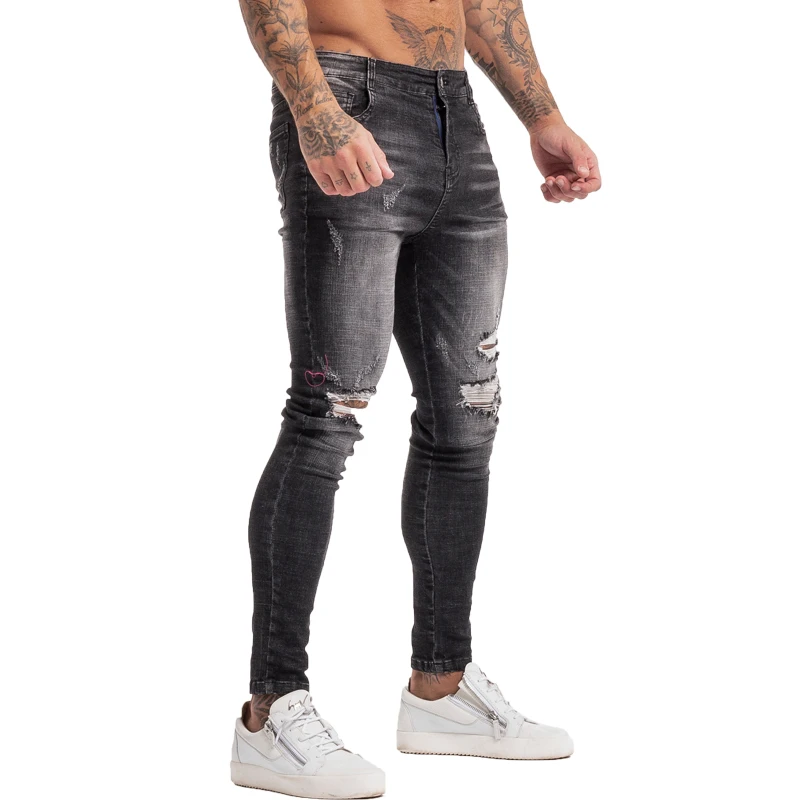 GINGTTO Men's Skinny Jeans Stretch Repaired Jeans Gery Hip Hop Distressed Super Skinny Slim Fit Ripped Pants Streetwear Big Size