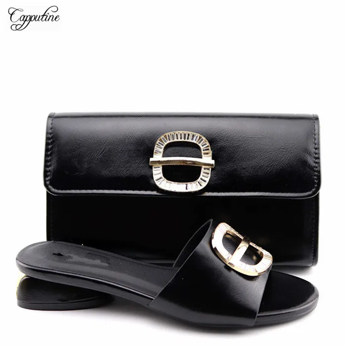 

Popular black medium heel slipper shoes with bag set for lady YY019, heel height 4cm, 4color