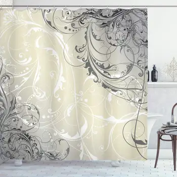 

Floral Shower Curtain Baroque Swirled Branches Curved Flower Leaves Shabby Form Nature Pattern Bathroom Decor Set