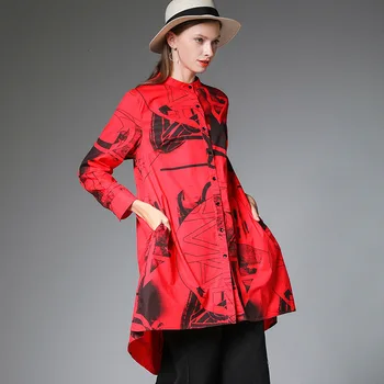 

[TVVOVVIN] 2019 New Autumn And Winter New Products Fashion Solid Color Irregular Printing Long Loose Shirt Women's Clothing B108